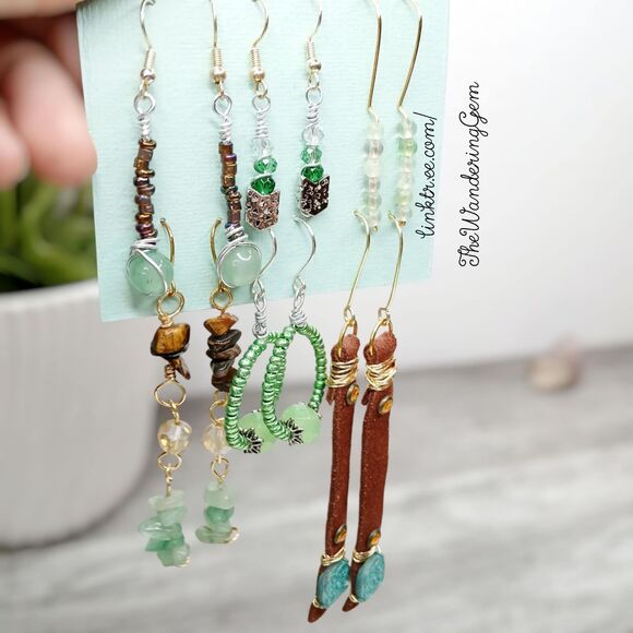 2/$50 - 6 Piece Boho Beaded Dangle Earring Set, Green Fairy Core Cottage Core - Picture 1 of 5